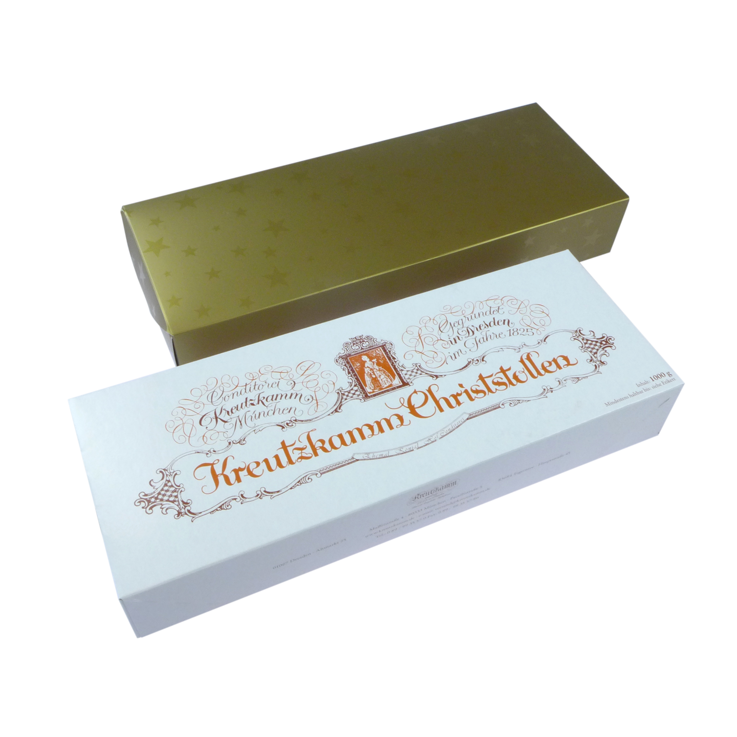 Geschlossene goldene Schachtel und weisse Schachtel mit Aufschrift Kreutzkamm Christstollen.