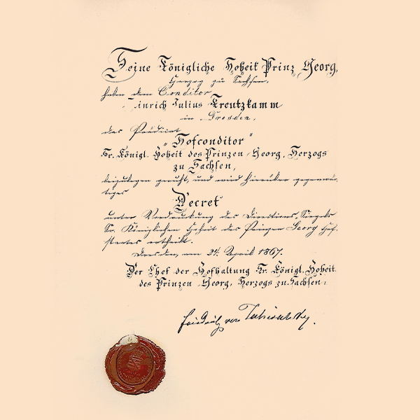 Dokument mit handgeschriebenem Text. Unten rotes Siegel. Text: "Seine Koenigliche Hoheit Prinz Georg, ... Heinrich Julius Kreutzkamm ... 24. April 1867 ...".