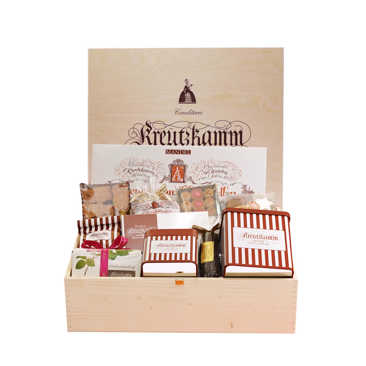 Geschenkbox mit der Aufschrift "Kreutzkamm" auf Verpackungen, gefuellt mit Suessigkeiten.