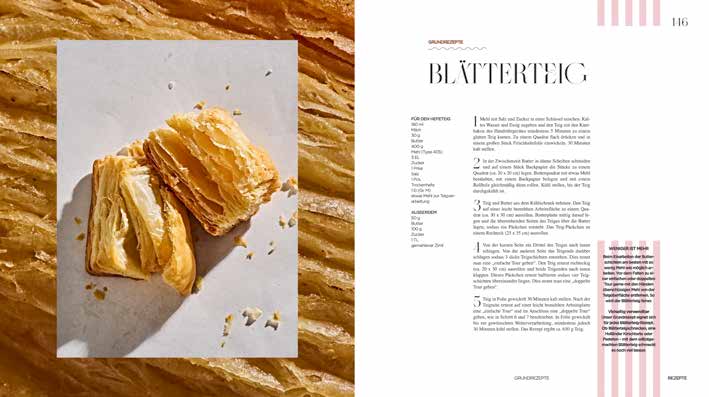 Blatterteig wird auf Backpapier gelegt; daneben ein Rezepttext auf weissem Hintergrund.